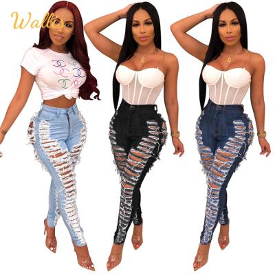 China QUICK DRY Women's High Waist Ripped Hollow Out Denim Long Pants Sexy Distressed Slim Pencil Jeans for sale