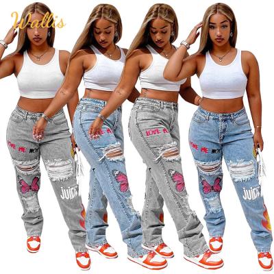 China QUICK DRY 2022 Fashion Digital Print Women Hollow Out Ripped Denim Pants Streetwear Straight Jeans for sale