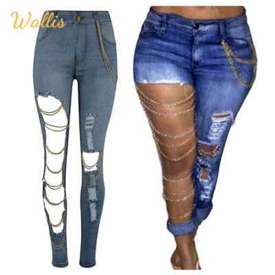 China QUICK DRY Women Basic Sexy Ripped Jeans Chain Denim Pants Solid Color Punk Slim High Waist Casual Pencil Pants Holes Jean Femme for sale