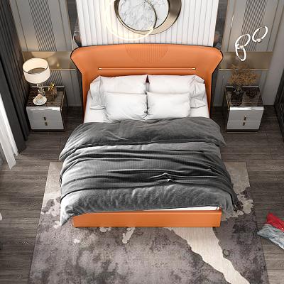 China Foldable Orange Double Bed Upholstered Genuine Leather Beds Lacquered Solid Wood Bedroom Furniture Set Bedroom Bed for sale