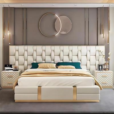 China Foldable American Design Double Bed White Leather With Gold Plated Stainless Steel Bedroom Use Beds Sets Home Bed for sale