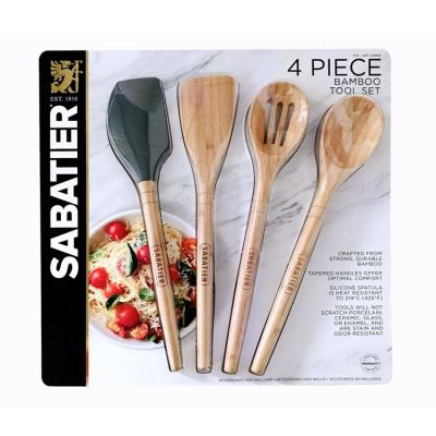 China Stocked High Quality Bamboo Kitchen Set 4Pcs Bamboo Utensil Set Bamboo Spoon Slotted Spoon, Turner, Silicone Spatula for sale