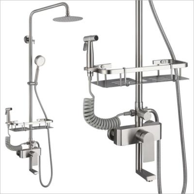 China With Sliding Bar 304 Stainless Steel Brushed Bathroom Shower Faucet Tub Faucet Set Shower Set With Hand Held Sprayer And Shelf for sale