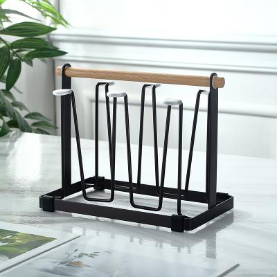 China Modern Iron Wood Handle Wire Handle Kitchen Drain Rack Portable Upside Down Cup Holder With Wood Tray for sale