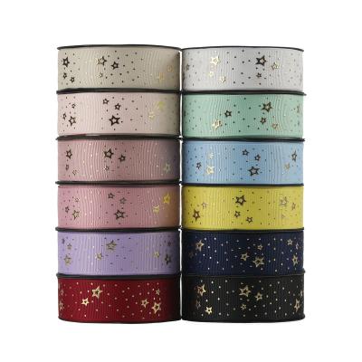 China Custom Recyled Huihuang Gold Foil Star Offset Printing Grosgrain Ribbon For Diy Hair Bow Festival Wedding Party Decoration for sale