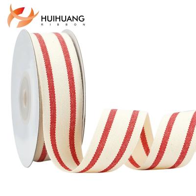 China Factory Custom Natural Recyled Huihuang Cotton Red Stripes Ribbon Striped Cotton Fabric Ribbon For Diy Crafts Decorative Home Packaging for sale