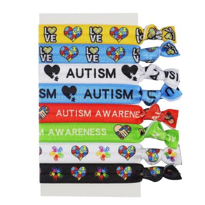 China Hair Accessories/Huihuang Multi Colors Custom Heat Transfer Wristband/Ribbon Printed Elastic Hair Ties Autism Awareness Wristbands Hair Bands for sale