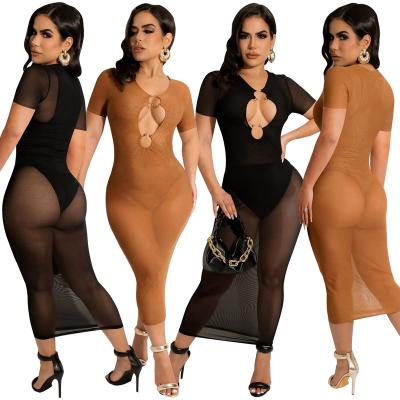 China QuiteS Women Solid Color Breathable Sexy Slim Sleeve Mesh Hollow Round Neck Short Sleeve One Piece Dress for sale