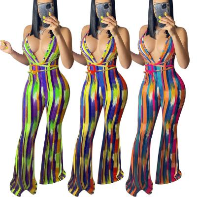 China QuiteS 2023 QUICK DRY V Stripe Irregular Print Irregular Backless Flare Slim Deep Bib Overalls for sale