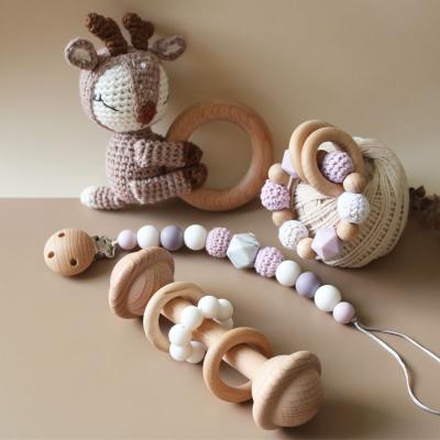 China Toy Diy Baby Soft Crochet Deer Teether with Handmade Silicone Bead Pacifier Clip Rattle Wooden Toys for sale