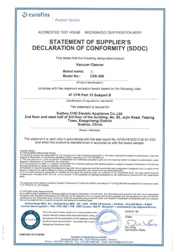 FCC CERTIFICATE - Suzhou CHO Electric Appliance Co., Ltd.