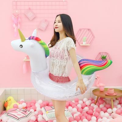 China White Transparent PVC Unicorn Drop Ring Inflatable Sequin Swim Swimming Float Ring For PVC Water Sports Game for sale