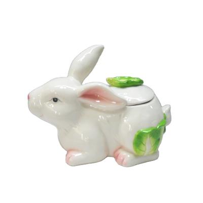 China OEM&ODM Cute Lifelike Handmade Microwavable Rabbit Kitchen Countertop Spice Salt Ceramic Jars With Spoon For Easter for sale