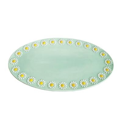 China Viable LOGO Vintage Embossed Ceramic Oval Dish Custom Cutlery Set Daisy Dishes Plates Dinnerware Hand Painted for sale