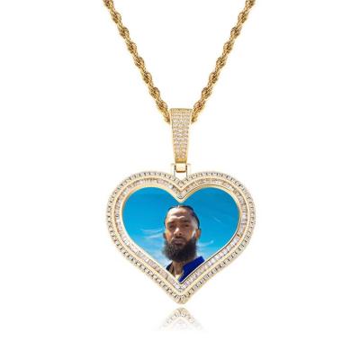 China Personalized Hiphop Souvenirs Photo Frames Custom Double Layer Love Shaped Zircon Hip Hop Pendant Necklace for sale