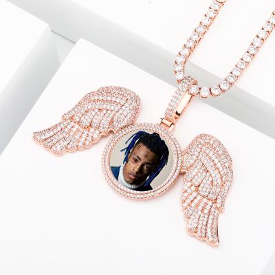 China Angel Wings Pendant Necklace Hip Hop Jewelry Custom Sublimated Hiphop Photo Memory Lockets Solid Zircon Chains Wings Necklace for sale