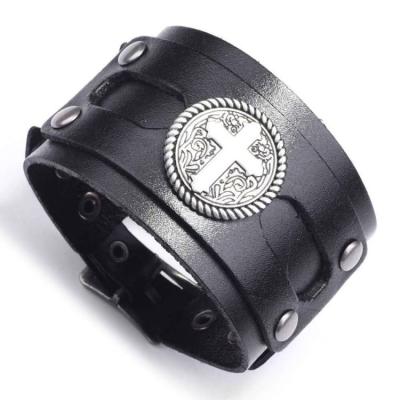 China Hot Selling Mens Punk Adjustable Black Wide Leather Bracelet Amazon Cuff Leather Bracelet for sale