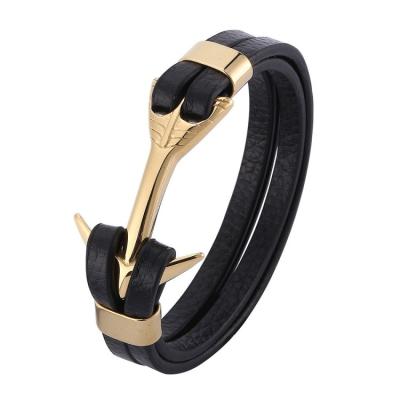 China Fashionable High Quality Stainless Steel Leather Jewelry Bracelet Anchor Braided Leather Bracelet For Men for sale