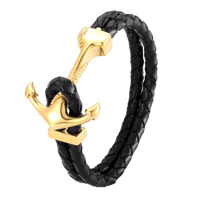 China Fashionable High Quality Stainless Steel Boat 18K Gold Anchor Clasp Braided Leather Bracelet For Men for sale