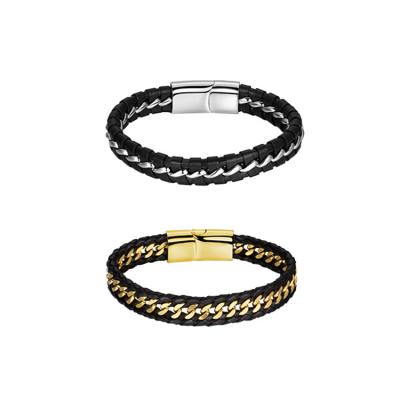 China Dr. punk Jewelry Fashion Black Braided Leather Steel Braided Magnetic Clasp Chain Wrap Leather Bracelet for sale