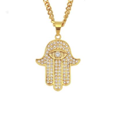 China Hiphop Fatima Hand Austrian Rhinstone Zinc Alloy Crystal 18K Gold Plated Pendant Necklace for sale