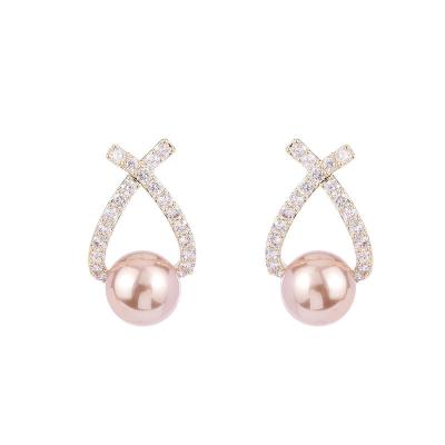 China FASHIONABLE Dr. Jewelry Minimalist Micro Zircon Pink Pearl Charm Stud Earrings For Women Gift Jewelry for sale