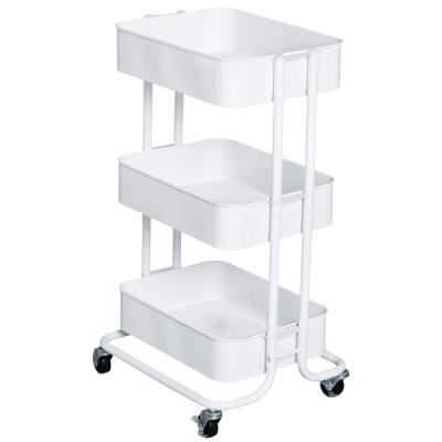 China Durable Utility Cart Storage Shelves Organizer with Plastic Basket on Wheels 3-Tier Lockable Metal Rolling Storage Cart for sale