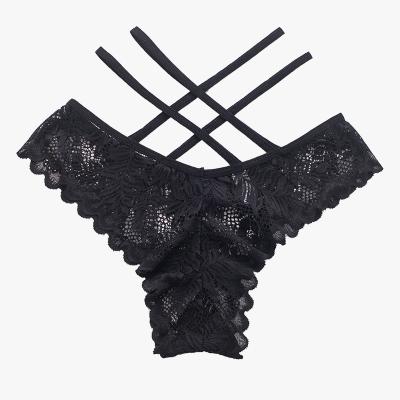 China Antibacterial Cross Strap Sexy Lace Panties Mesh Low Waist Comfortable Hollow Women's Breathable Cotton Thong for sale