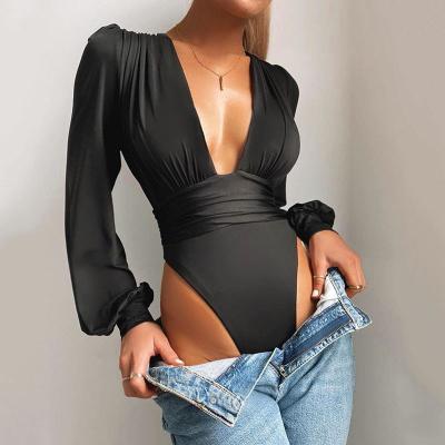 China High Quality V-Neck Party Winter Bodysuit Solid Elastic Casual Tops Lingerie Jumpsuit Women Blowout Bodycon Deep Sexy Jumpsuits for sale