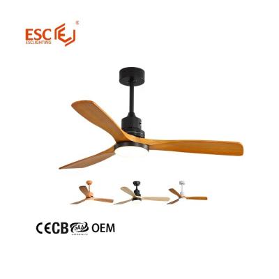 China Modern hot sale tri color led 3 speed AC silent pure copper motor 52 inch solid wood ceiling fan for sale