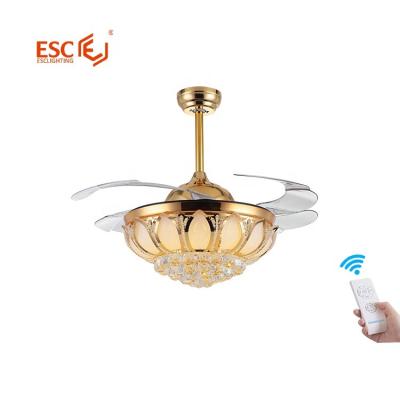 China 220v 42 k9 inch dimmable crystal bladeless ceiling fan modern hot sale tri color with led light for sale