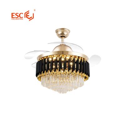 China 42 Inch Ceiling Fan Modern Palace Lighted Luxury Crystal Chandelier Retractable LED Blade Retro Remote Control for sale