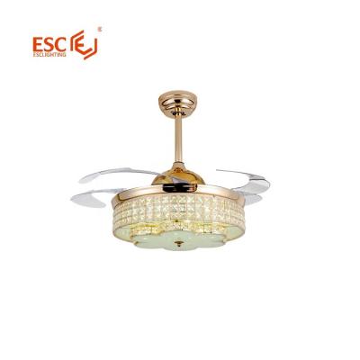 China 42 Inch Modern Gold Retractable Ceiling Fan With Light Luxury Crystal Chandelier Bedroom Interior Living Room With Light for sale