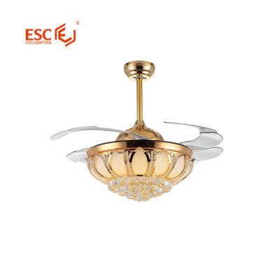 China 42 Inch Fan Light LED Chandelier Modern Gold Crystal Fan With Remote Control Invisible Retractable Blade Adjustable Wind Speed for sale