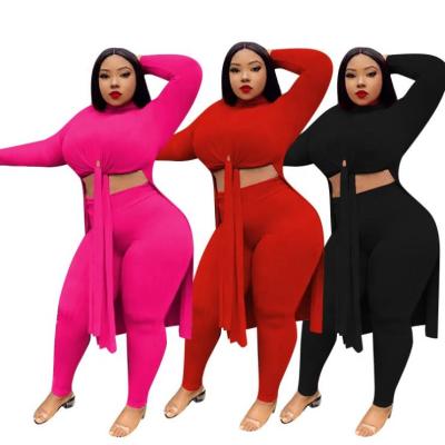 China 2022 Falls Breathable Fashion Plus Size For Fat Women Set Solid Crop Tops Long Sleeve Bandage Both Stretchy 2 Piece Set Clothing for sale