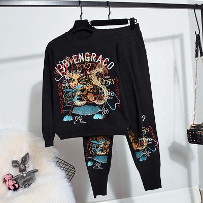 China New Sustainable Vintage Women's Letter Embroidered Sweater Knitted Pants Lady's Main Crop 2 Piece Set Knitted Sweater Suit Teams Autumn for sale