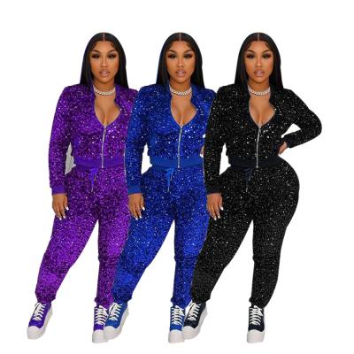 China Sustainable Sequin Jacket Outwear Jogger Set Fall 2022 Two Piece Outfits For Women Coats Winter for sale