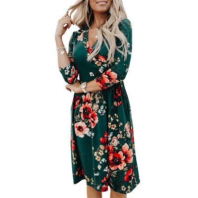 China European and American long-sleeved women printed anti-static style 2021 autumn new V-neck pocket dress for sale