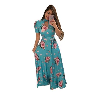 China Women's Maxi Dress Short Sleeve Casual Floral Print Anti-static Dangle Long Maxi Dress With Belt for sale