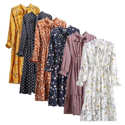 China Anti-Static Vintage Chiffon Dress Summer Floral Printing Women Long Sleeved Retro Dress Collar Casual Slim Dresses for sale