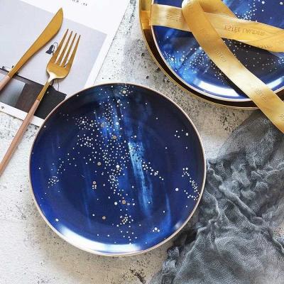 China Factory direct viable blue starry ceramic stoneware pasta dishes dinner sale decorative dish for banquet for sale