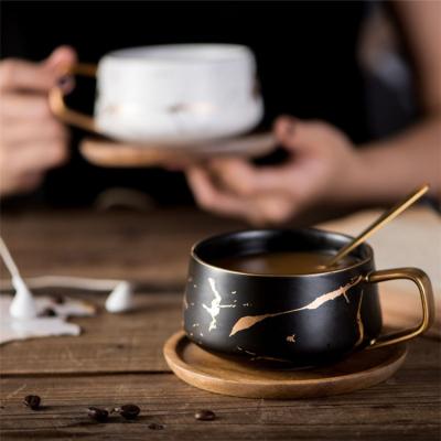 China Viable Luxury Drinkware Marble Rim Porcelain Espresso Cappuccino Gold Coffee Cup With Wooden Saucer for sale