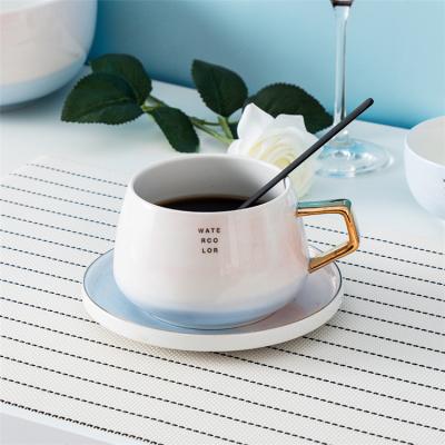 China Stocked Wholesale Custom Logo Watercolor Gold Handle Porcelain Tea Coffee Cup With Saucer for sale