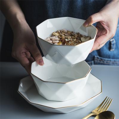 China Viable Unique Design Porcelain Origami Salad Soup White Cereal Bowl With Gold Rim for sale