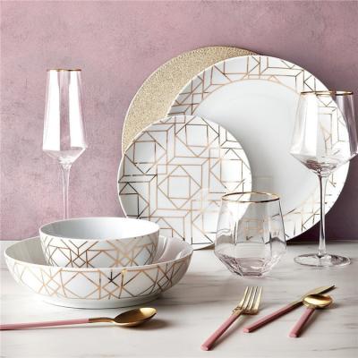 China Modern Design Viable Wholesale Gold Line Geometric Fancy Ceramic Dinner Set For Hotel for sale