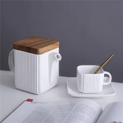 China Viable European Square Style Porcelain Coffee Striped White Tea Set Teaware Set With Wooden Lid Teapot for sale