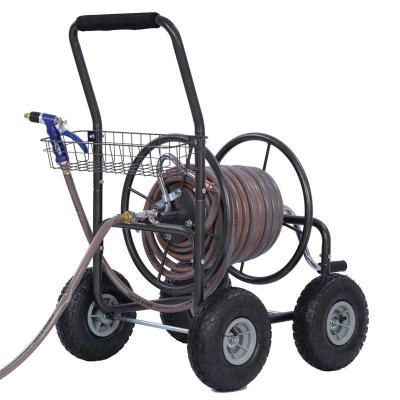 China Four Wheel Gardening Flexible Hose Cart Outdoor Metal Water Hose Reel Trolley for sale