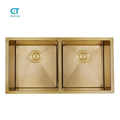 China No Color Custom Nano Faucet Gold PVD Stainless Steel Double Bowl Handmade Undermount Kitchen Sink for sale