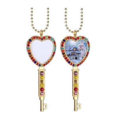 China New Arrival Romantic Colorful Blank Diamonds Photo Heart Fake Stone Heart Jewelry Sublimation Key Necklace for sale