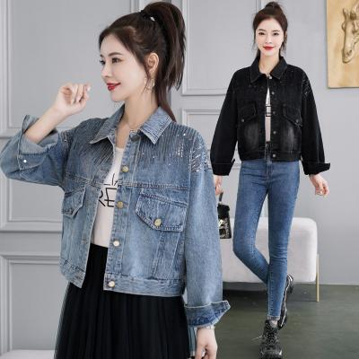 China JK253 QUICK DRY - 2022 autumn new sequins black spring denim shorts jacket ladies fashion Korean version top trend loose denim jacket for sale